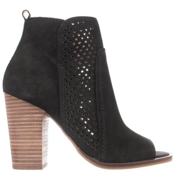 New LUCKY BRAND Lakmeh Peep Toe Ankle Booties Black Suede 4" Heel SZ 7 - Picture 1 of 8